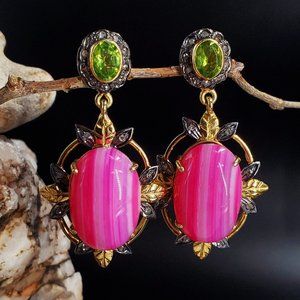 Solid Sterling Silver 925/18kt Gold Earrings Diamond Pink Agate Peridot